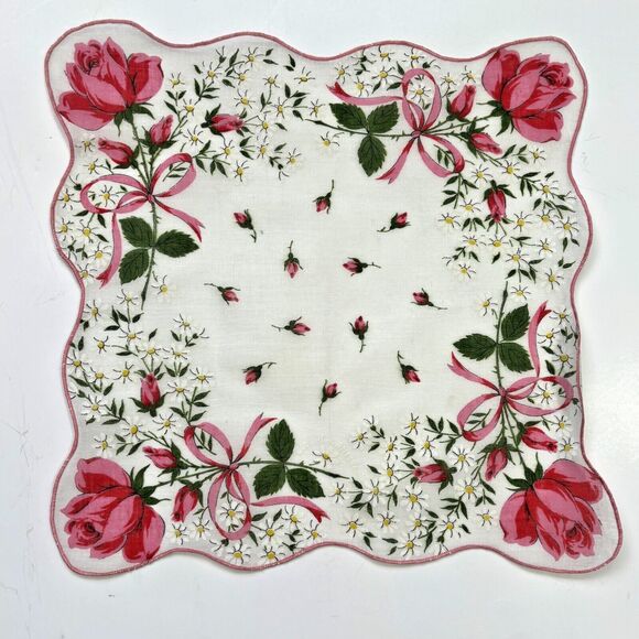 Pink Rose Bridesmaid Wedding Handkerchief Vintage Cottage Core Garden Granny - Picture 3 of 3